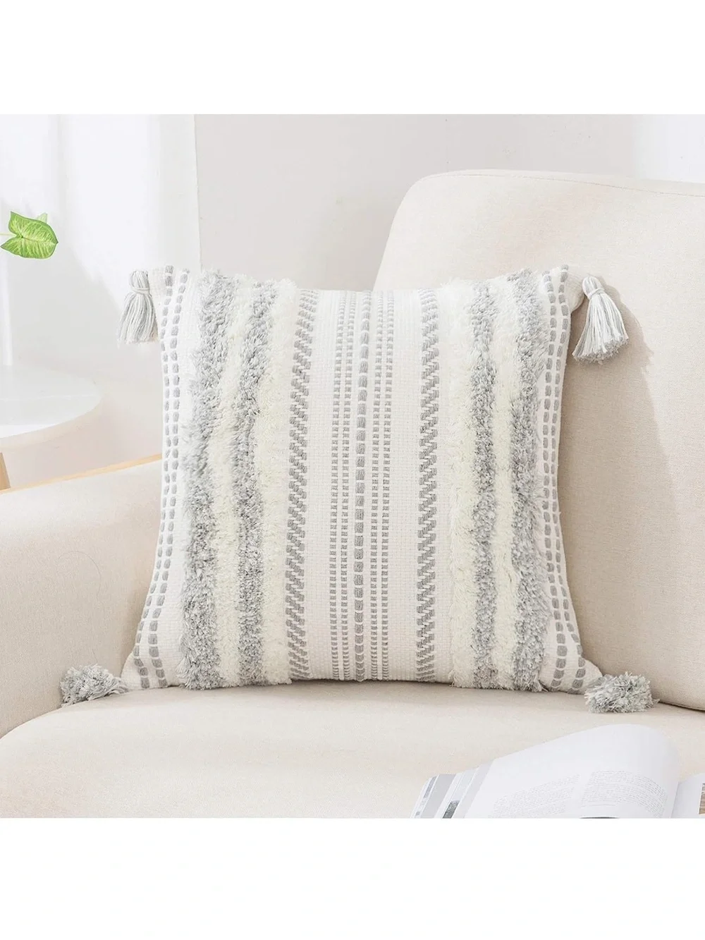 Decorative Boho Throw Pillow Cover 18x18, Accent Neutral Textured Tufted